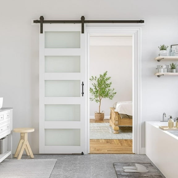 Easy4Home 28"x 84" Glass Sliding Barn Door With 5ft Sliding Door Hardware Kit & Handle Pre-Drilled