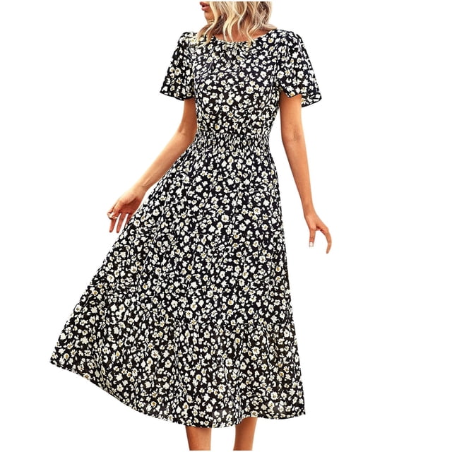 QIPOPIQ Robes pour Femmes Robe Fluide à Volants Manches Courtes Imprimé Tendance Décontractée Robes d'Été Robe Col Rond Robe Moulante Offres 2023