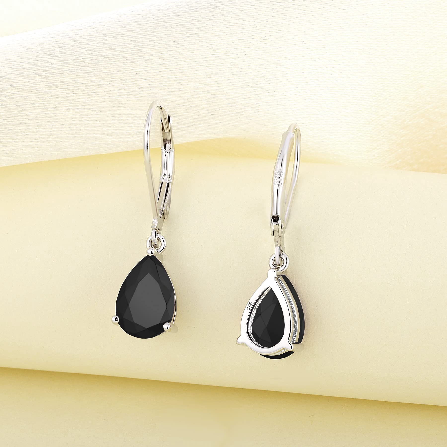 PYNZY Dangle Drop Earrings Sterling Silver Solitaire Leverback Teardrop Earrings for Women Black Cubic Zirconia Jewelry Gifts for Moms