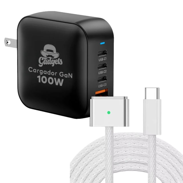 Mr. Gadgets Cargador 100w Compatible Con Magsafe 3 (2m) Pd 140w Magnético Trenzado Power Cube 100w Cargador Carga Ultra Rápida Pd Qc Gan, 4 Puertos, Compatible Con Macbook Air/ Pro M2 M3 M4