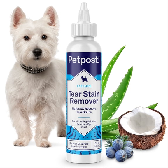 Petpost Tear Stain Remover Solution for Dogs - 8 oz Bottle - Gentle Coconut Oil Eye Cleanser for White Fur Breeds - Chemical & Bleach Free
