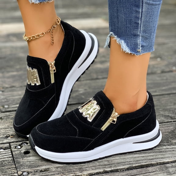 Shoes for Women, Womens Shoes, Walking Shoes, Office Shoes, Women's Fashionable Sports Shoes, Thick Sole, Side Zipper, Comfortable And Lightweight, Suitable for Daily Use Or Work, Black 5.5