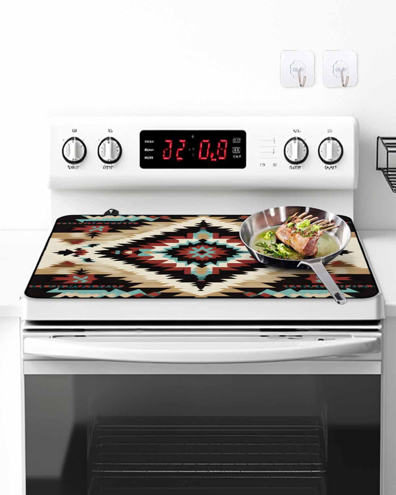 Stove Top Covers for Electric Stove, Boho Brown Teal Red Glass Stovetop Cover Protector, Southwestern Geometric Art Vintage Induction Cooktop Protector Oven Mat for Kitchen Countertop 24"x21"