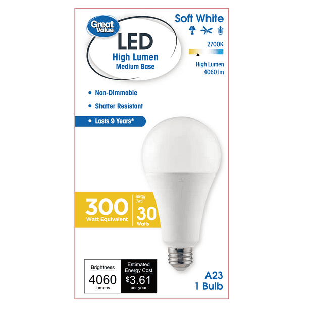 Great Value LED Frosted A23 Light Bulb Type 30 Medium Base Non Dimmable 1 Pack - Walmart.com
