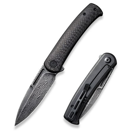 CIVIVI Cetos Folding Knife 3.48-in Damascus Blade Spear Point with Twill Carbon Fiber Scale Flipper Knife Frame Lock C21025B-DS1