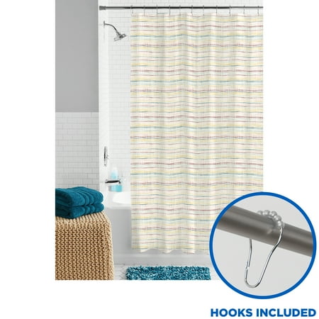 Multicolor Fabric Bathroom Set, 13-Piece Shower Curtain and Hooks, Mainstays Stitching Striped Pattern