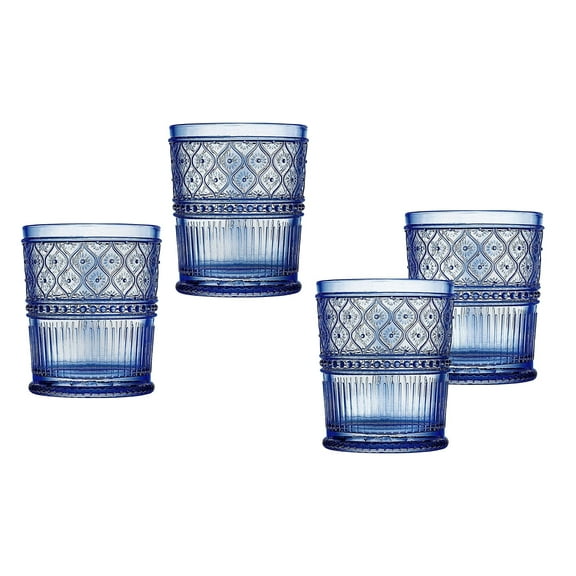 Godinger Old Fashioned Whiskey Glasses, Drinking Glasses, Vintage Decor, Glass Cups, Water Glasses, Cocktail Glasses - Claro Collection, 12oz, Blue, Set of 4