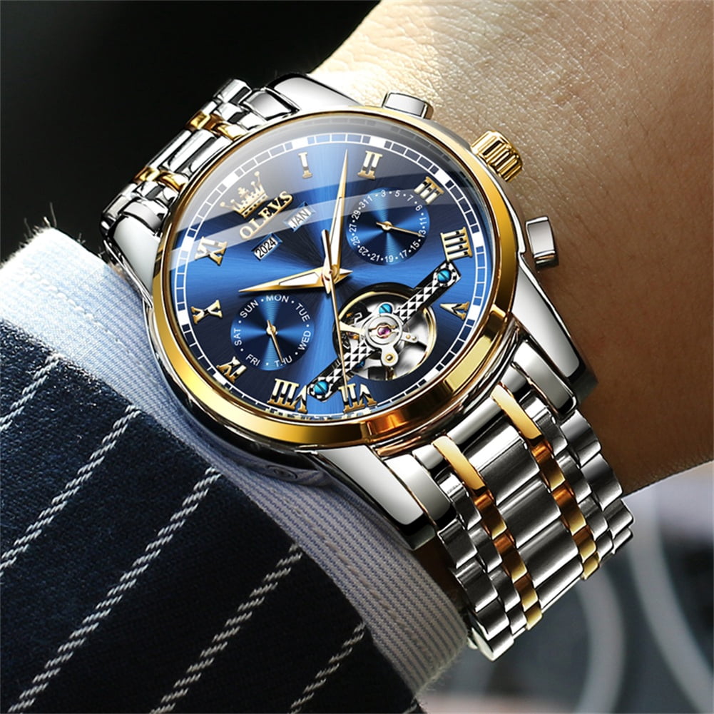 OLEVS Automatic Watches for Mens Self-Winding Mechanical Chronograph Classic Fashion Business Tourbillon Skeleton Stainless Steel Waterproof Luminous Mens Wrist Watches Reloj Para Hombre
