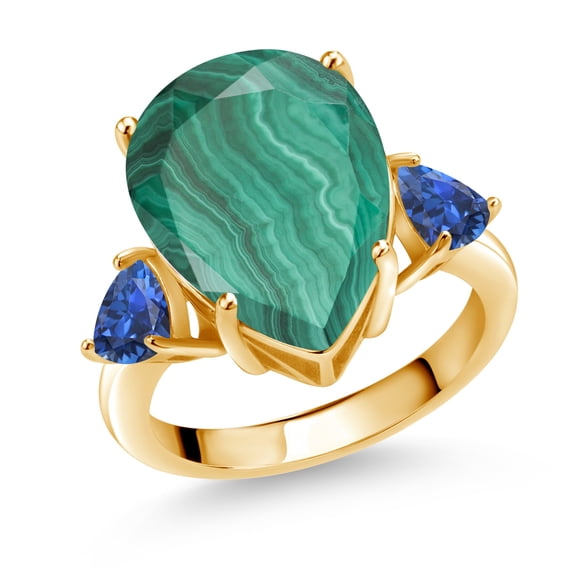 Gem Stone King 11.08 Ct Green Malachite Blue Created Sapphire 18K Yellow Gold Plated Silver Ring (Size 9)