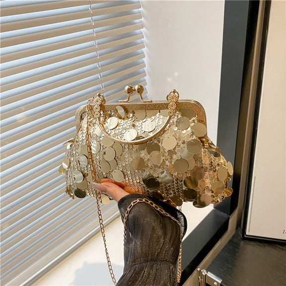 LACKUST Elegant Women's Sparkle Sequin Kiss Lock Clutch Purse Gold Glitter Crossbody Evening Bag with Gold Chain Strap Shiny Handbag for Party Wedding Night Out