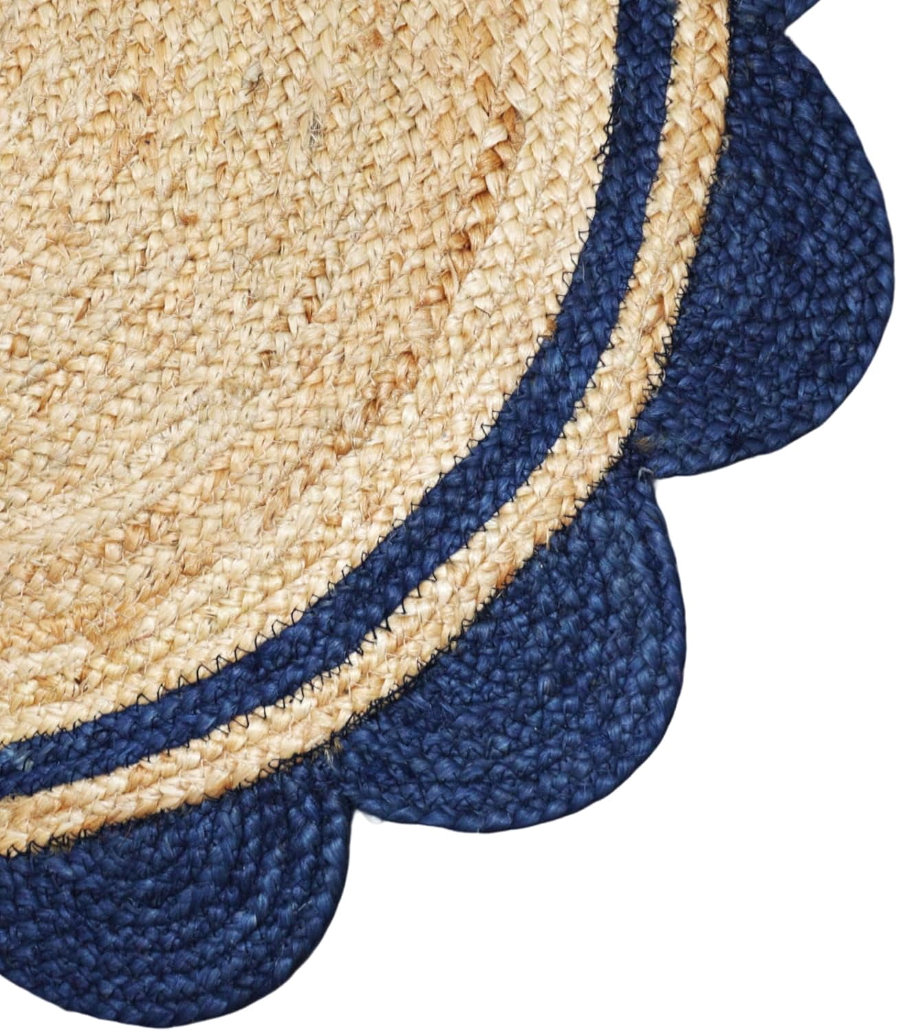 2 Ft Round Navy Blue & Natural Jute Premium Scalloped Jute Rug – Handcrafted Natural Braided Carpet for Living Room, Bedroom, Entryway – Boho Home Decor