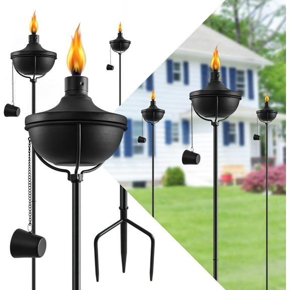 Set of 6 55-Inch Metal Citronella Torches - 24 Oz, 3-Prong Stake, Outdoor Party/Patio Décor
