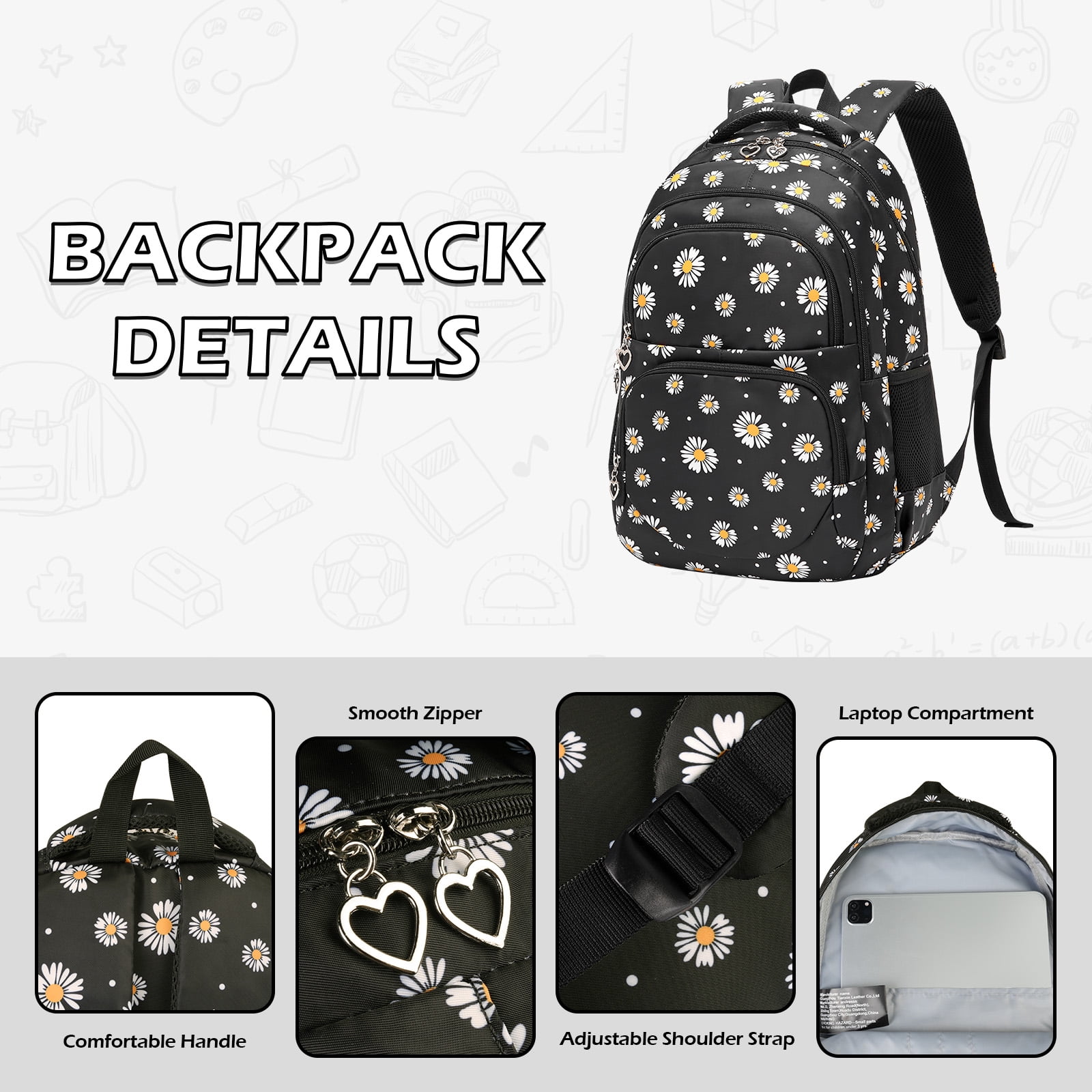 Forestfish 3-Piece Backpack Set for School,Large Capacity Teen Backpack with Insulated Lunch Bag & Pencil Case,Waterproof with Laptop Compartment & Side Pocket(Daisy A/Black)