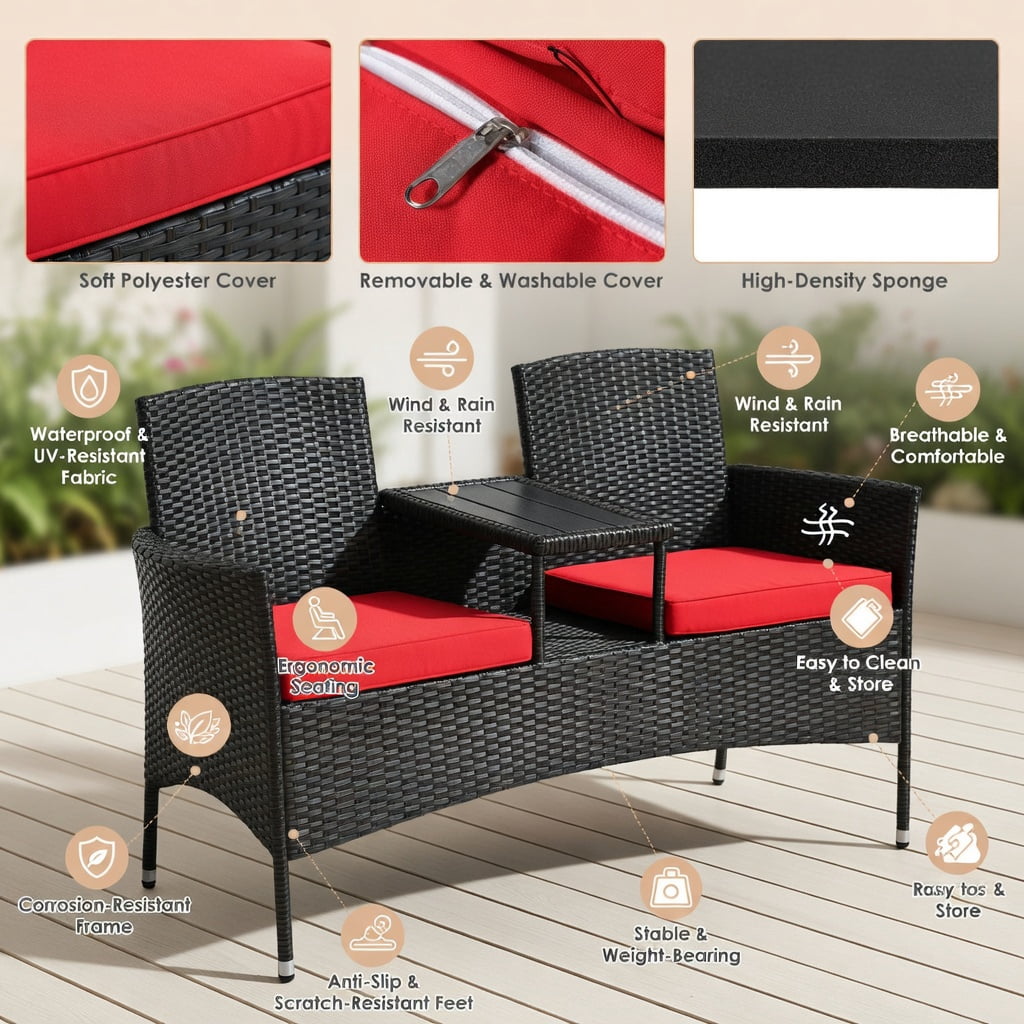 Resenkos 3 Piece Patio Conversation Bistro Set with Seat, Balcony Furniture Outdoor Rattan Patio Conversation Set with Built-in Coffee Table and Cushions for Garden Porch Yard, Red