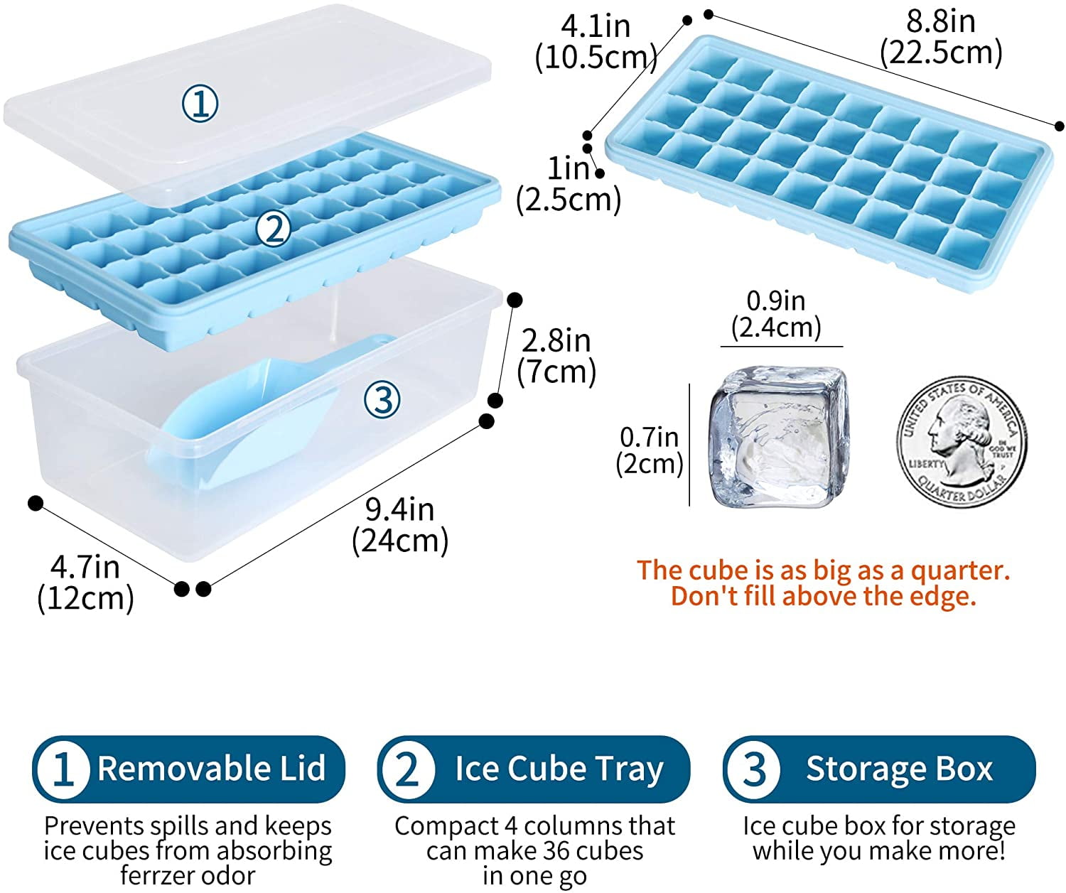  Ice Cube Tray, Missfeel 2 * 24 Ice Cube Tray With Lid, Ice Trays  For Freezer Comes With Ice Bin, Ice Lid and Tongs, Press to Release All Ice  Flexible Durable