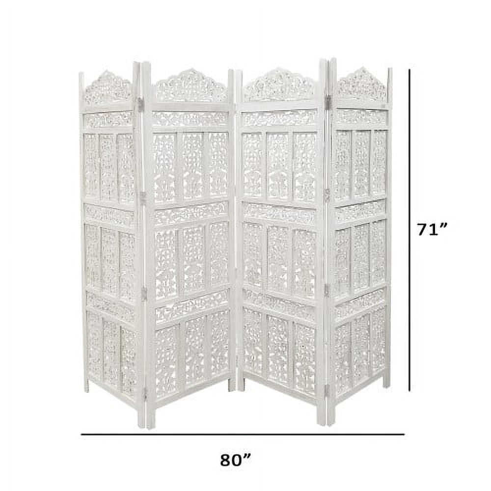 Aesthetically Carved 4 Panel Wooden Partition Screen Room Divider, Distressed White- Saltoro Sherpi