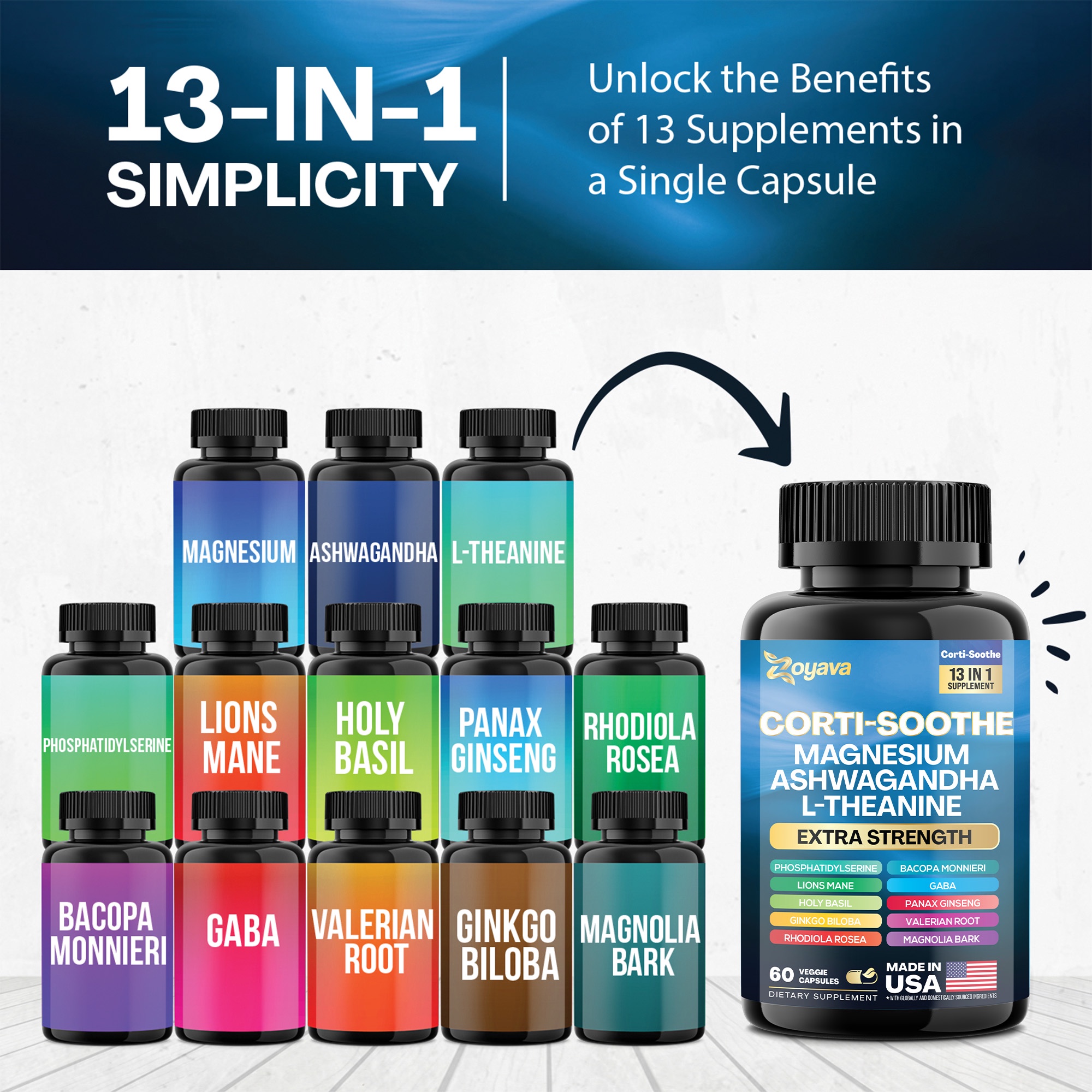 Cortisol Supplement Magnesium Glycinate 200mg L-Theanine 150mg Ashwagandha 150mg Phosphatidylserine 50mg & Cortisol Manager Lions Mane Holy Basil Ginkgo Biloba Bacopa Monnieri Valerian Root (60 Caps)