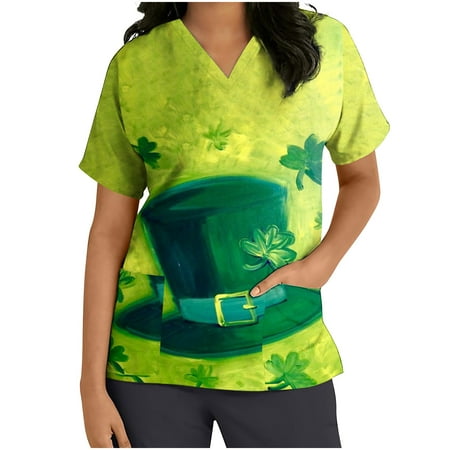 

SOOMLON St Patrick s Day Scrub Tops for Women Clover Print Nursing Scrubs with Pocket Casual Summer Short Sleeve V-Neck Holiday Blouse Concert Tops Work out Shirts Green XL