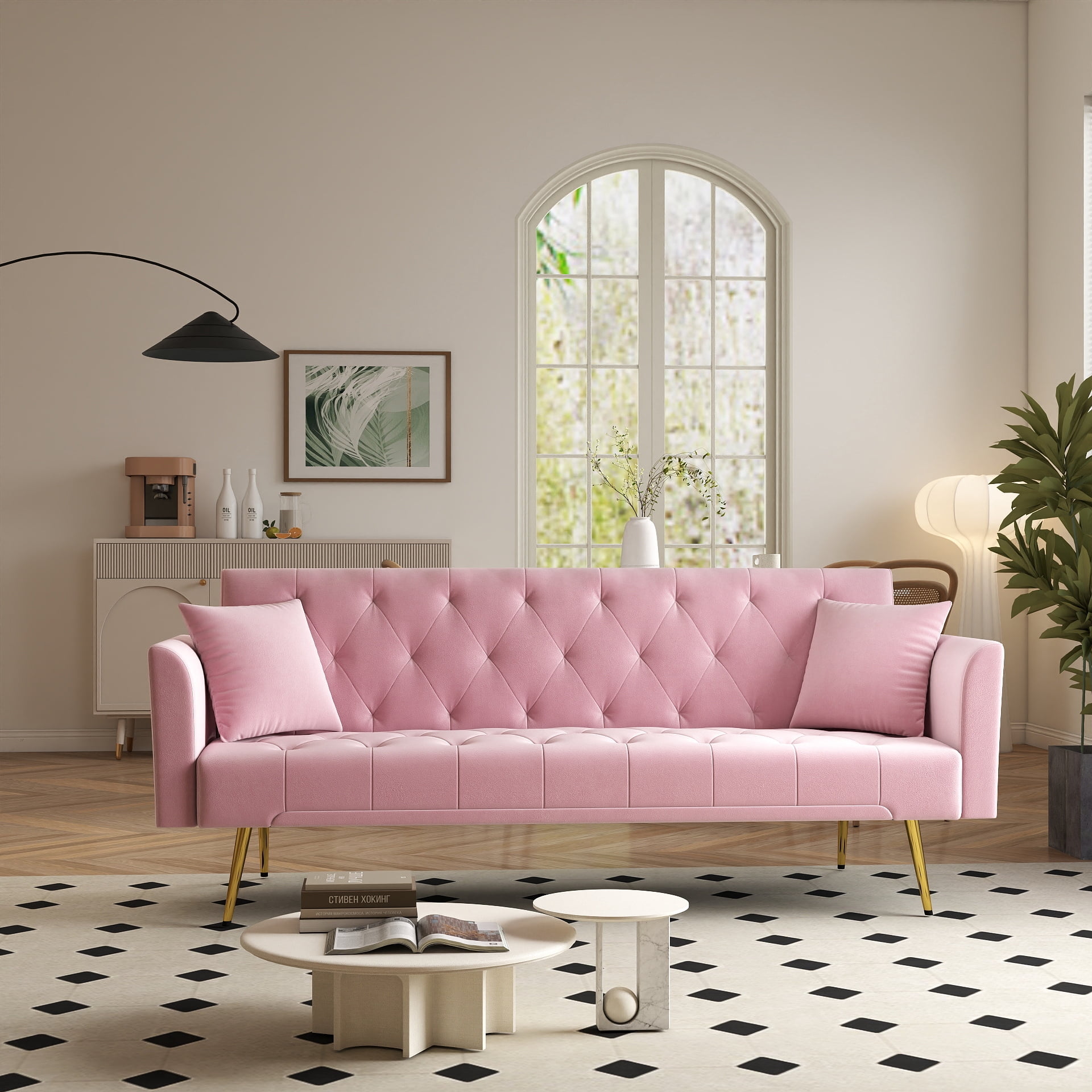 Modern 72" Foldable Sleeper Sofa Bed, 3-in-1 Adjustable Loveseat with Tufted American Retro Style, Pink Velvet Upholstery, Space-Saving for Small Living Rooms, Bedrooms, Apartments, Home Office