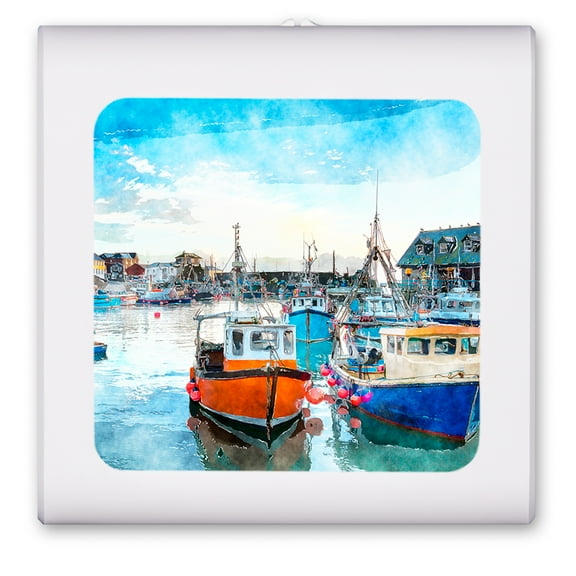 Plug in Dimmable LED Night Light with Dusk to Dawn Auto Sensor, Adjustable Brightness, Warm Light, Auto On/Off Nightlight for Bathroom, Hallway, Nursery, Bedrooms - Fishing Boats In the Bay