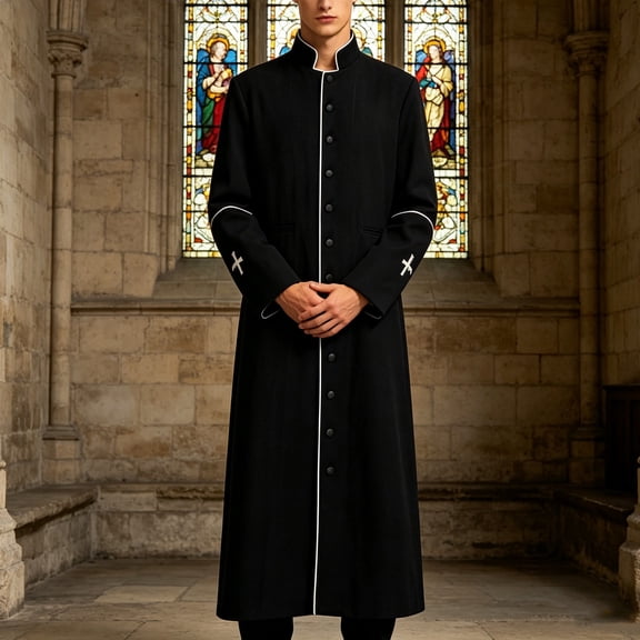 JOANKDMI Priest Clergy Costume for Men Long Robe with Cross Embroidery Trim Detail Gothic Cleric Gown for Halloween Party Roleplay Church Themed Event Disguise Outfit