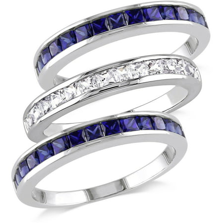 2-1/4 Carat T.G.W. Created Blue and White Sapphire Sterling Silver Three-Piece Anniversary Semi-Eternity Stackable Ring Set