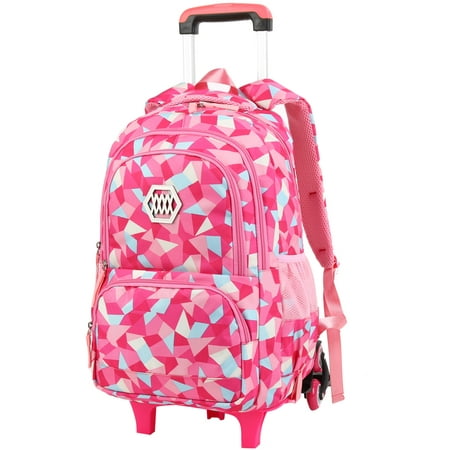 Vbiger Little Girl Wheeled Backpack Adorable Rolling Daypack Large-capacity Trolley School Bag Travel Rolling Backpacks for Primary School