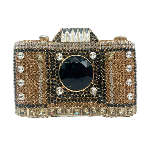 StyleSack Camera Rhinestone Clutch for Women, Retro Evening Bag with Detachable Strap & Gemstone Lens