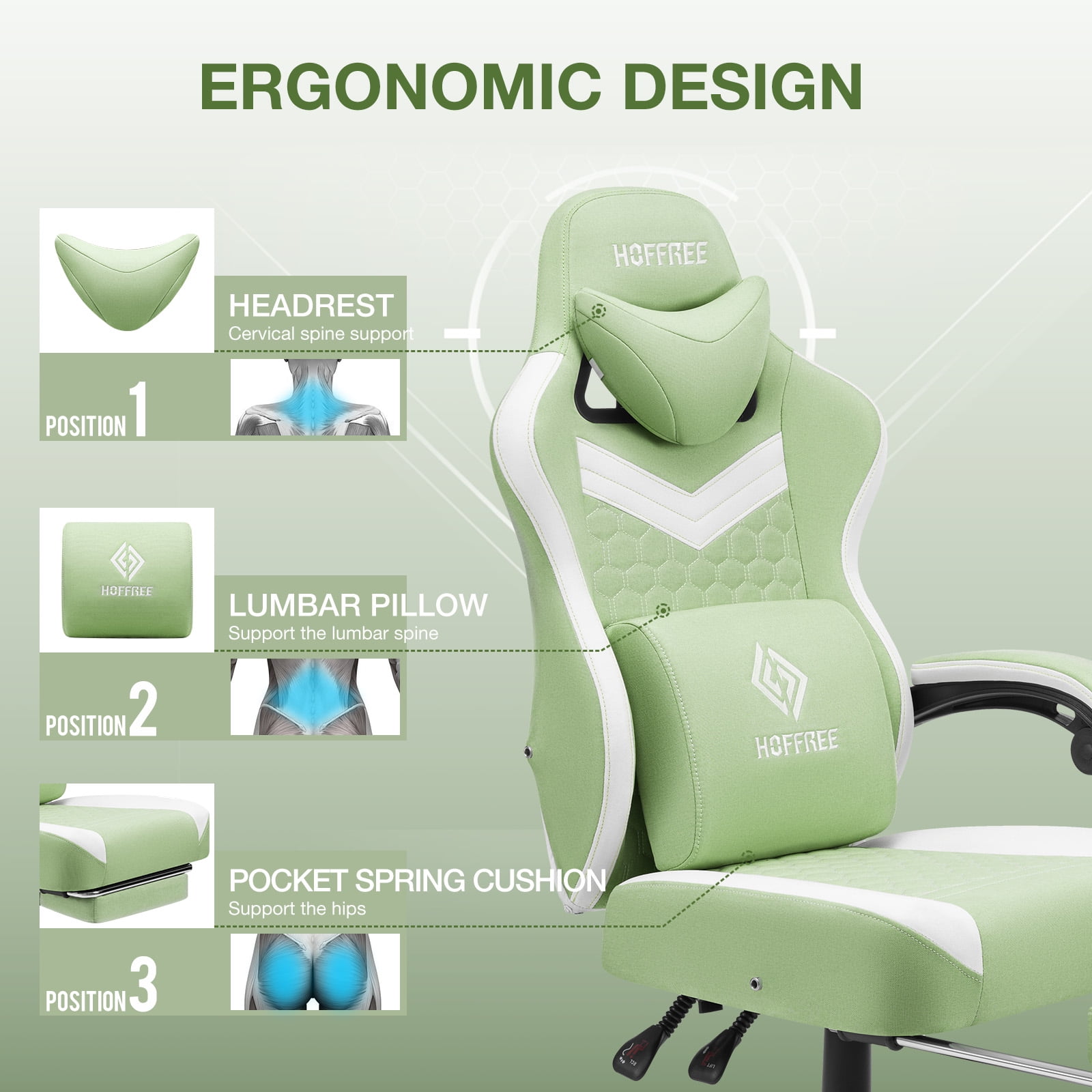 Hoffree Gaming Chair with Speakers Fabric Gamer Chair with footrest and massage Big and Tall Video Game Chair with Headrest and Lumbar Support for Adults