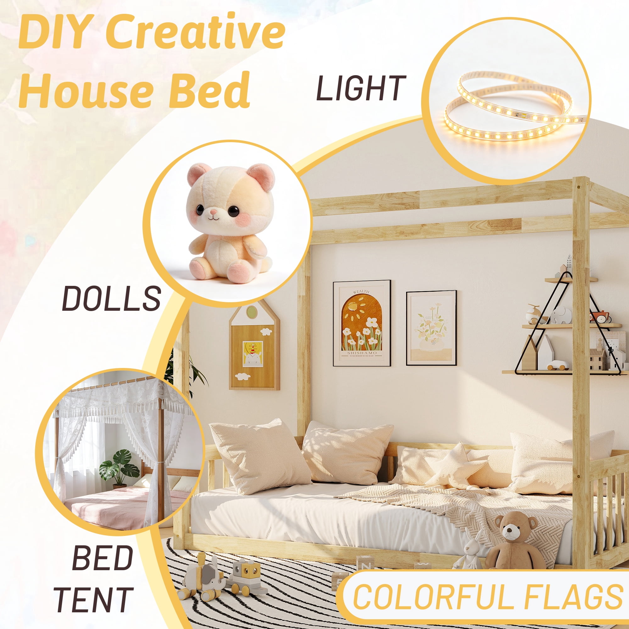 Alvantor Twin Size Floor Bed with Canopy Fence Guardrails for Kids Children Toddler Girls Boys, Natural