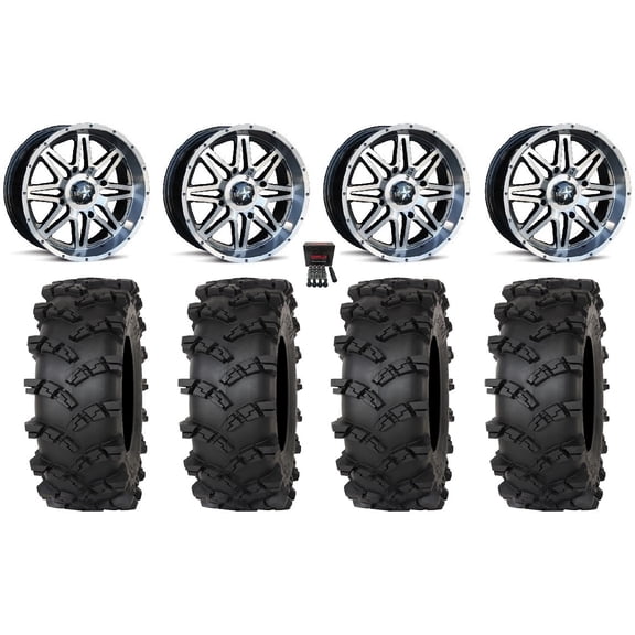MSA Vibe 14" Wheels Dark Tint 28" Outlaw M/T Tires Yamaha Viking Wolverine YXZ1000R CFMoto ZForce 950 UForce 1000