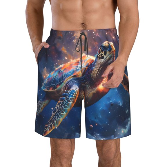 Tebeau Night Sky Turtle Print Men's Summer Beach Shorts Lightweight Elastic Waist Drawstring Casual Shorts with Pocket-Large