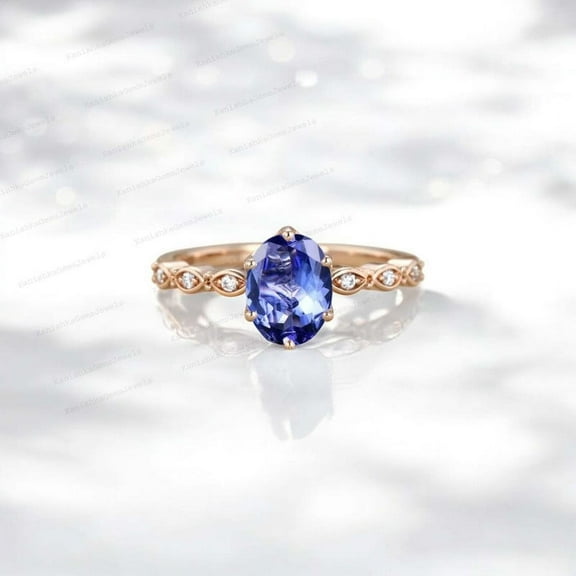 KANISHKAGEMS&JEWELS 8x6MM / 2Ct Oval Shape Tanzanite Engagement Ring Rose Gold Plated Prong Set Ring December Birthstone Women Jewelry