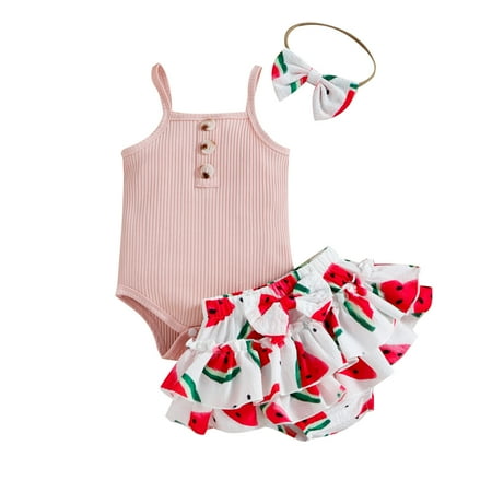 

TAIAOJING Toddler Baby Girl Clothes Set Sleeveless Ribbed Romper Bodysuits Bowknot Ruffles Watermelon Print Shorts Headbands Outfits For Girl 9-12 Months