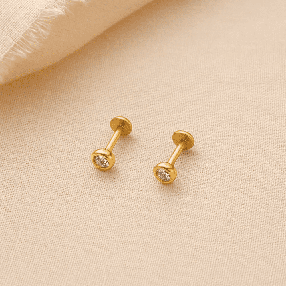 925 Sterling Silver 3mm Round White CZ Stud Earrings, 18K Gold Plated (1 Micron), Bezel Setting, Screw Back, Secure Fit