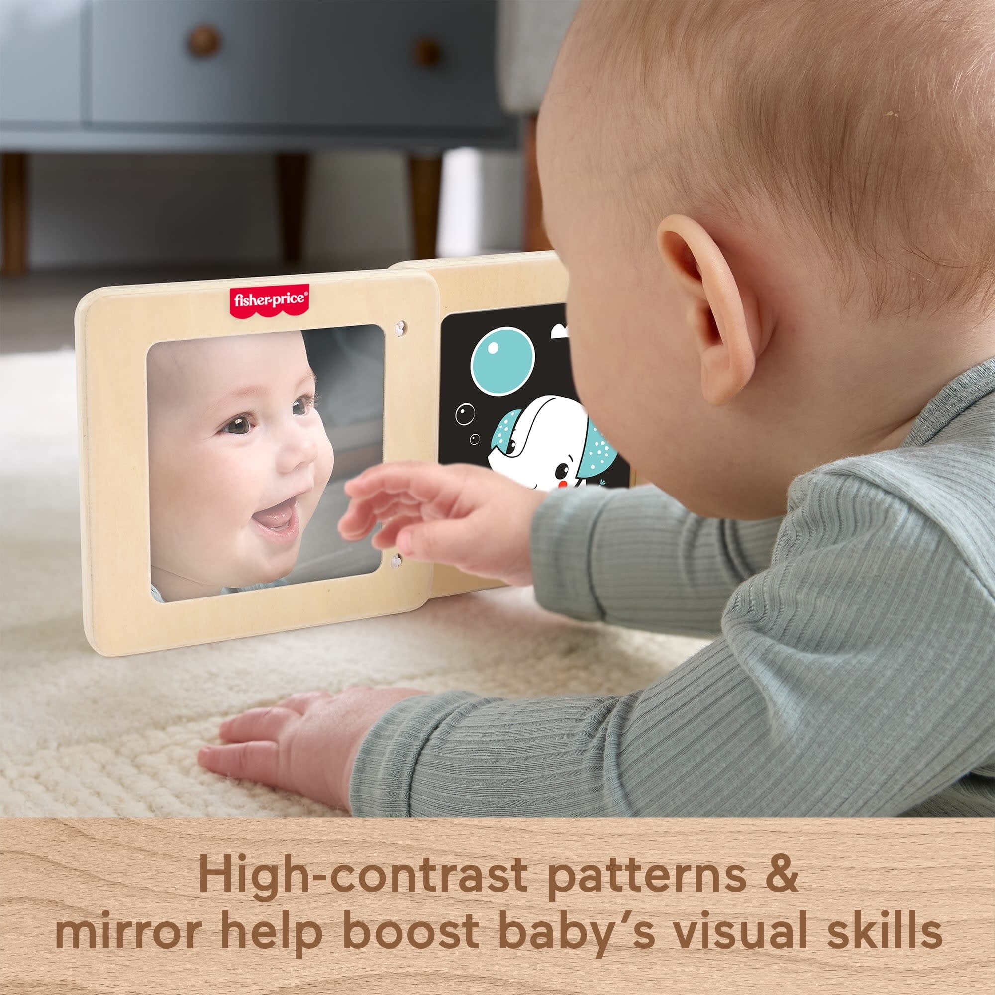 Fisher-Price Wooden Tummy Time Panel, Newborn Activity Toy with Mirror & High Contrast Designs