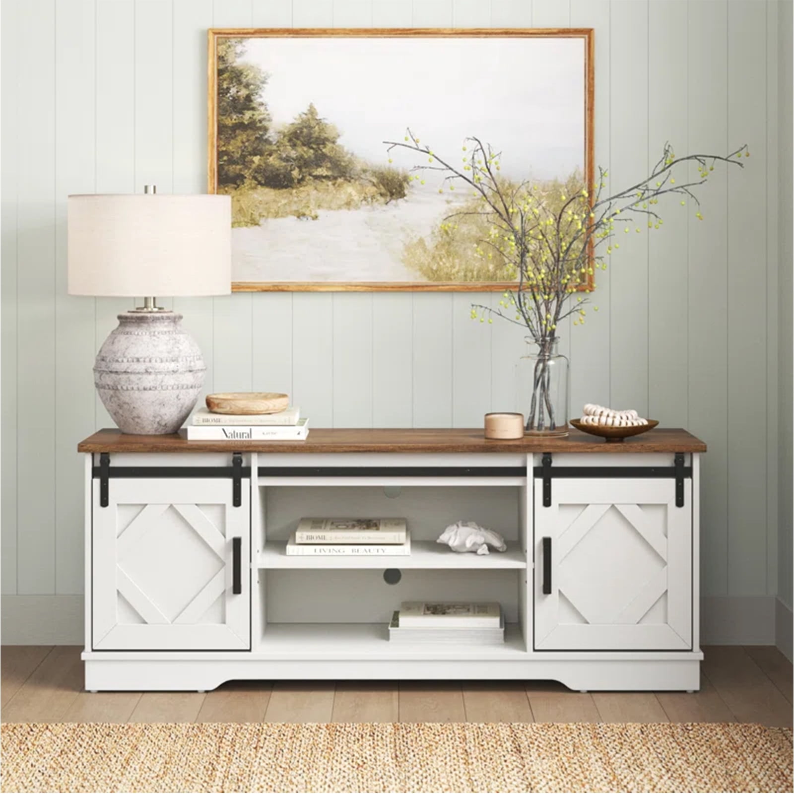 LED Farmhouse Sliding Barn Door TV Stand Modern TV Console for up to 70" TV White