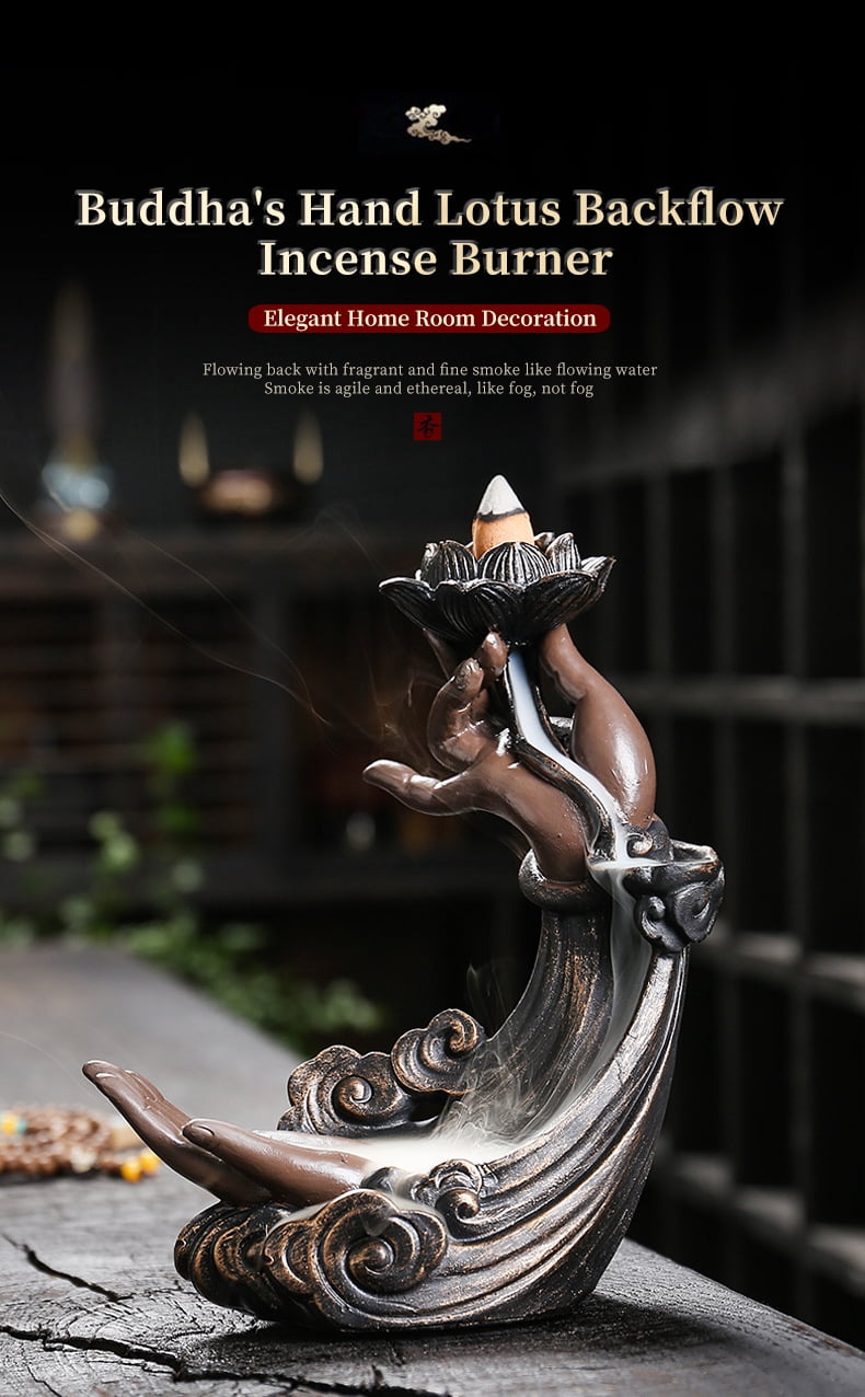 Resin Buddha Hand Backflow Incense Burner Creative Lotus Zen Bergamot Waterfall Smoke Reflux Incense Fragrance Holder Home Ornaments, Brown