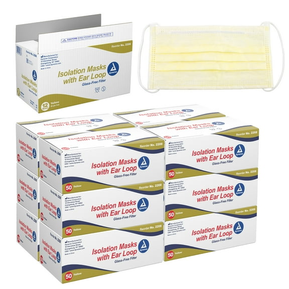 Dynarex Procedure Masks - Triple-Pleated Surgical Masks with No-Glass Filter, Ear Loops & Nose Strip - Disposable Medical Mask, Face Protection for Hospital - 50 per Box, 12 Boxes per Case - Yellow