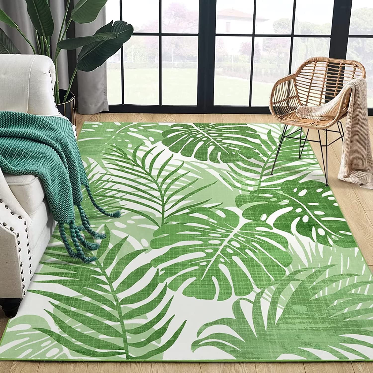 Modern Area Rug 8x10 Summer Tropical Palm Tree Leaf Rug Modern Green