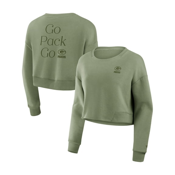 Women's Fanatics Olive Green Bay Packers Studio Tri-Blend Cropped Pullover Sweatshirt