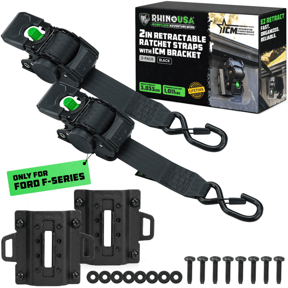 Rhino USA 2" x 9' Integrated Cargo Magic Bed-Mounted Retractable Ratchet Straps for Ford Trucks 2PK(2015 F-150 & 2017 F-250) – BoxLink Compatible, Removable, 360° Swivel, Heavy-Duty Tie Downs