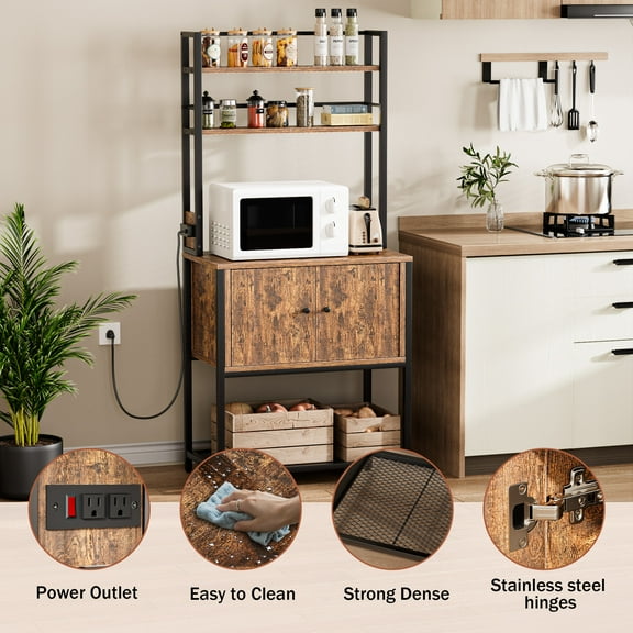 Bakers Rack with Storage Cabinet, 5-Tier Coffee Bar with Power Outlet, Industrial Microwave Oven Stand with Shelves, Kitchen Storage Shelf, Rustic Brown