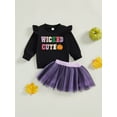 thumbnail image 4 of Toddler Kids Girls Halloween Skirt Clothing Sets 12 18 24 Months 2T 3T 4T 5T Long Sleeve Pumpkin/Letter Embroidery Pullover Tulle Skirt Outfits, 4 of 9
