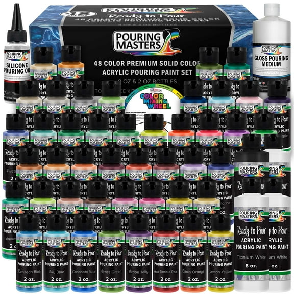Pouring Masters 48-Color Ready-to-Pour Acrylic Pouring Paint Set: Premium Pre-Mixed, Silicone Oil & Gloss Medium, 2oz & 8oz Bottles, for Canvas, Wood & Crafts