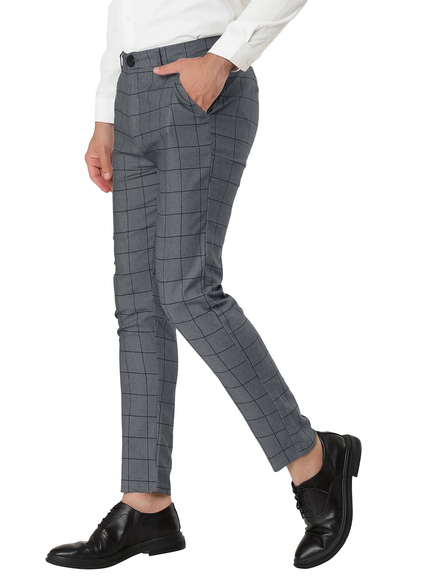 Unique Bargains Men's Slim Fit Plaid Business Pants Trousers with Pockets 34 Gray