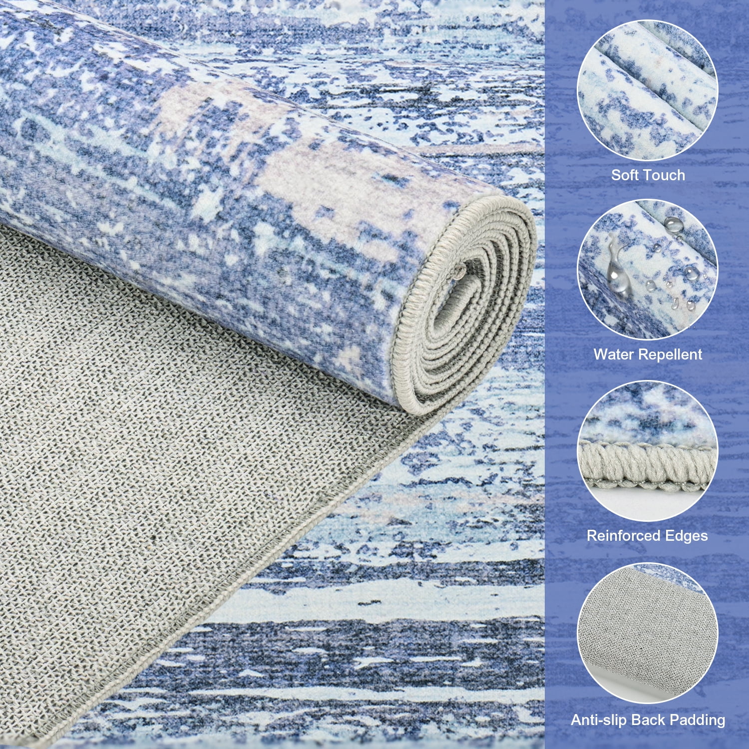 Area Rug 8’ x 10’, Modern Blue Toneed Washable Rug Soft Non Slip Rug Low Pile for Bedroom, Living Room, Dining Room, Office