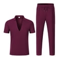 thumbnail image 2 of StSilkitty Men's 2 Piece Casual Outfits Solid Color Short Sleeve Collared V Neck Shirts and Drawstring Shorts Sets Lightweight Comfy Set, 2 of 6