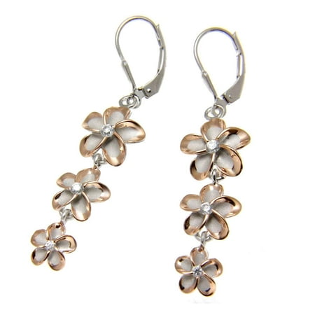 Gold Hawaiian Plumeria Earrings 925 sterling silver 2 tone rose gold rhodium plated Hawaiian 3 plumeria leverback earrings cz ()