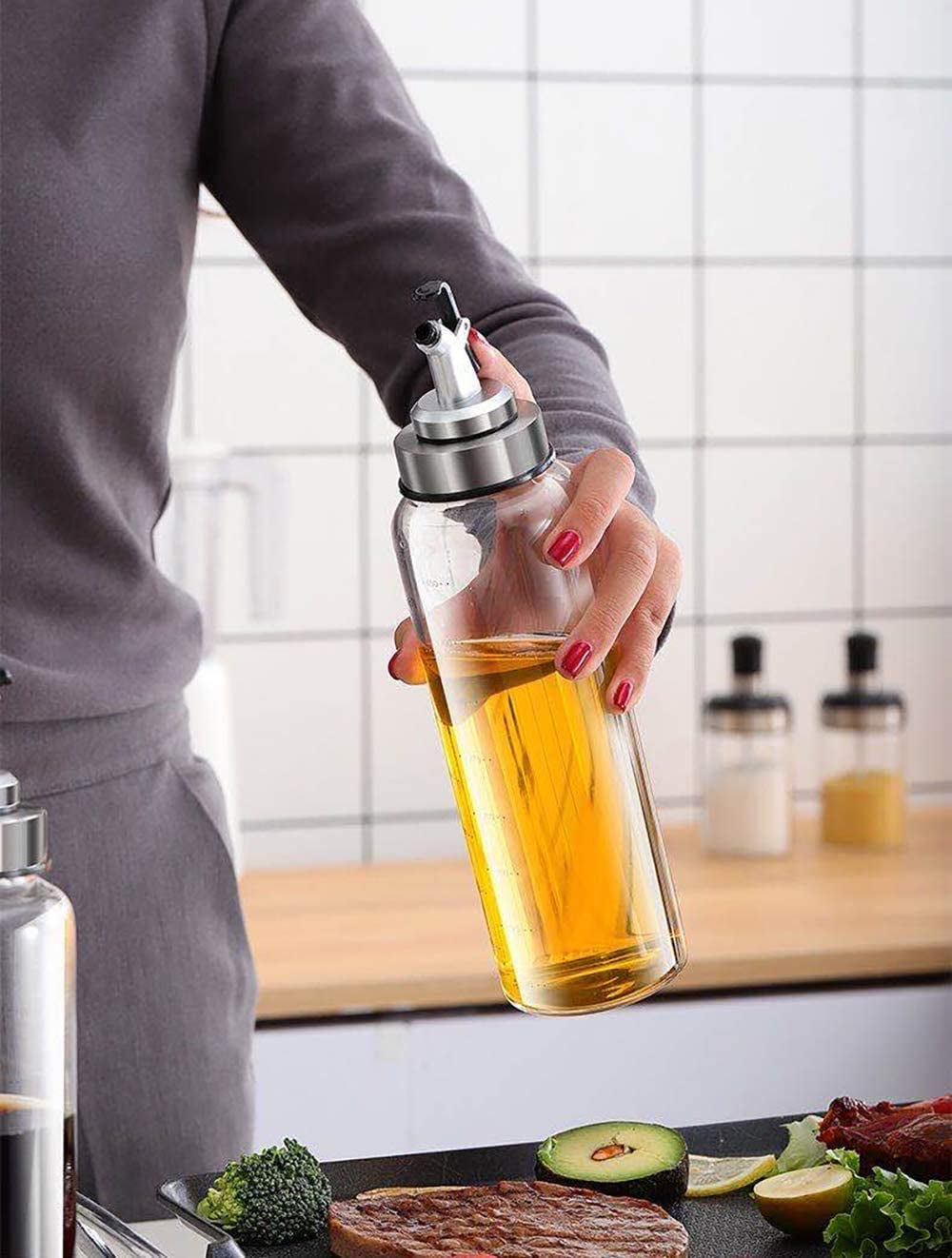 Lead-Free Glass Bottle for Oil Kitchen with Degree Scale Olive Oil Dispenser Bottle,10 Ounce Cooking Oil Cruet Glass,No Drip,Small Oil and Vinegar Dispenser 